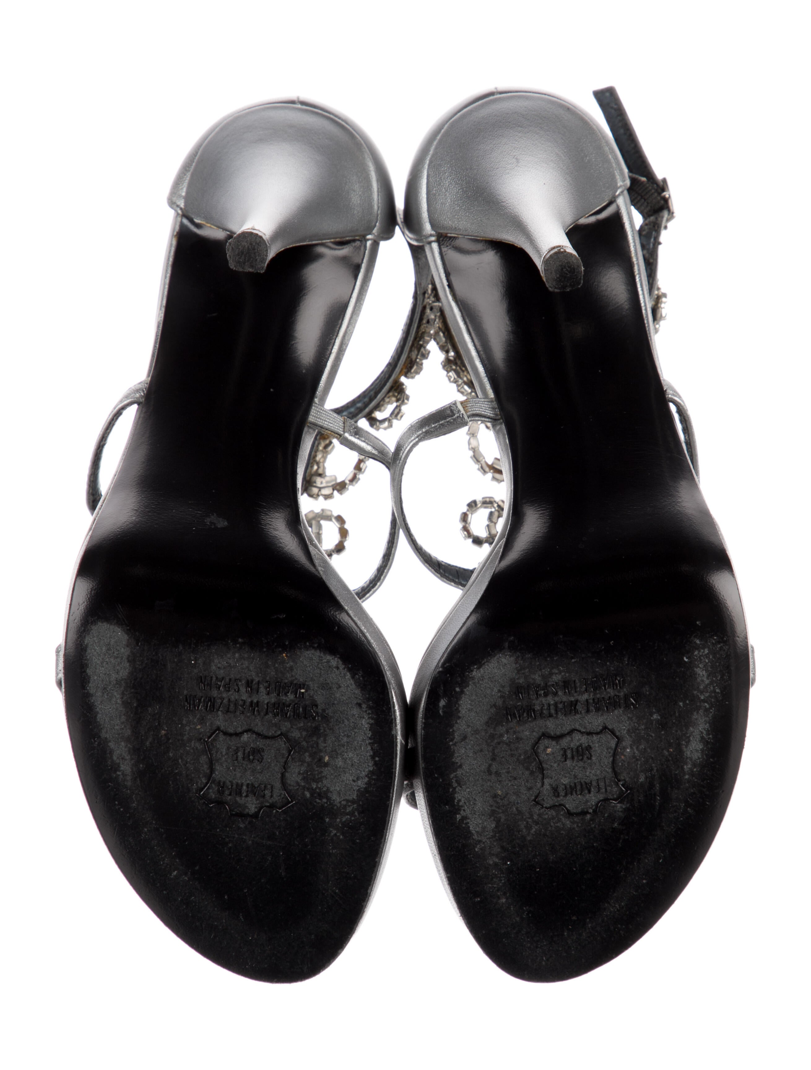 Stuart Weitzman Leather Crystal Embellishments T-Strap Sandals